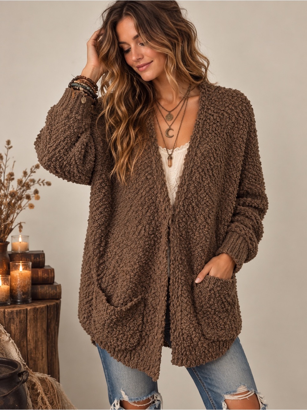 Umgee Women’s Size Small Cozy Textured Open Front Cardigan